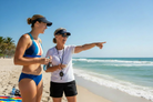 Woman being coached on Cocoa Beach in a Sportkini VIGOR HALTER with solid blue bottoms